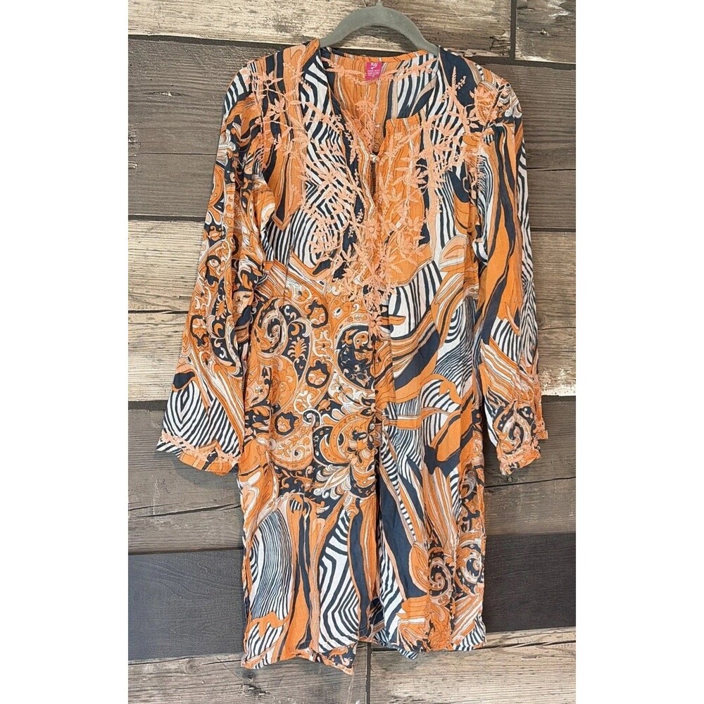 Raj Women's Sz M Colorful Blue/Orange Embroidered Gauzy Cotton Tunic Shift Dress